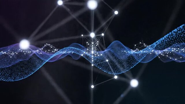 Abstract blue digital waves with connected glowing dots forming a geometric structure on a dark background