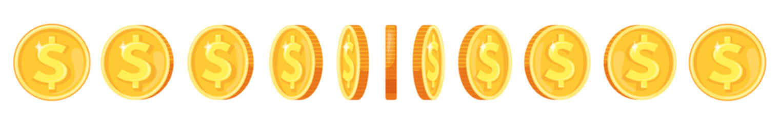 Coin rotate animation. Gold coins rotation, arcade game tocken flip golden money cash falling rotate sequence 2d gaming asset sprite sheet, cartoon finance neat vector illustration