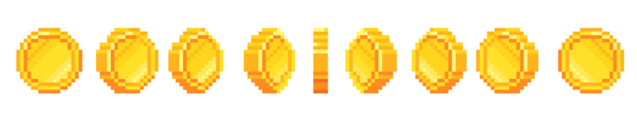 Pixel coin animation. Rotating coin arcade retro video game token, golden treasure bonus money cash casino spin gold digital currency, 2d gaming ui cartoon neat vector illustration