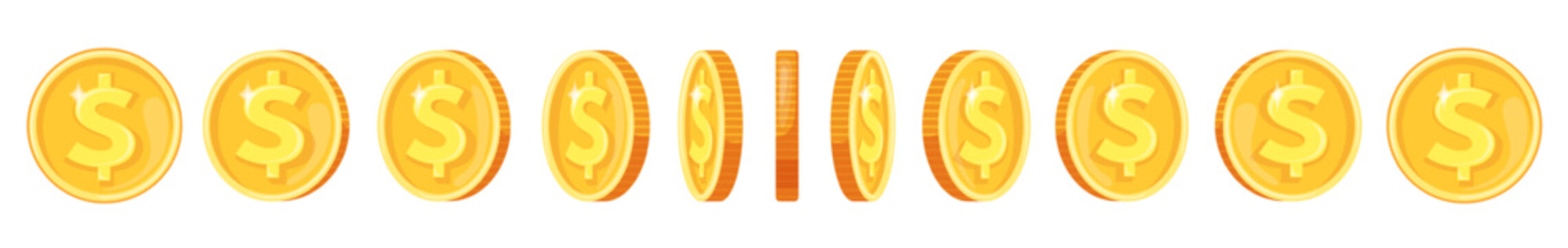 Coin rotate animation. Gold coins rotation, arcade game tocken flip golden money cash falling rotate sequence 2d gaming asset sprite sheet, cartoon finance neat vector illustration