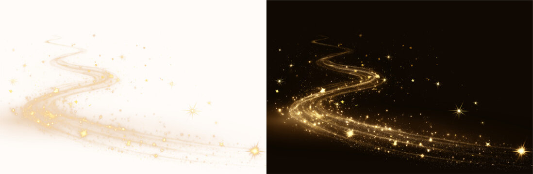 Wave, luxury, brilliant, shine, light, twirl, background with golden twirl of energy, bright spin orbit, transparent line beam and dust sparkle in dynamic design a road of dust and glitter