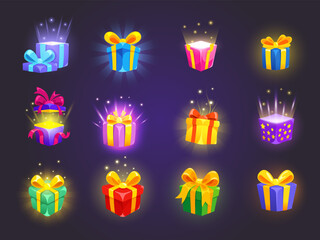 Cartoon game giftboxes. Gift boxes ui icons, 2d casual gaming mystery bonus casino prize discount present level secret digital present birthday new year, kicky vector illustration