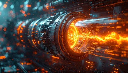 Glowing orange light in metallic tunnel.