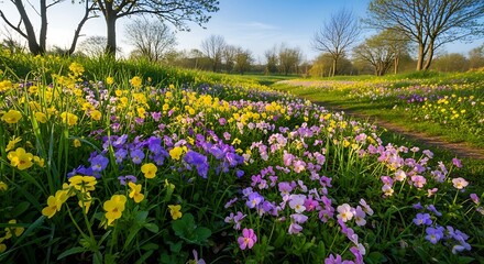 Vibrant meadow bursting with colorful spring wildflowers under a clear sky