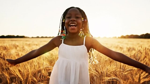 A joyful African American youth sprints through a glowing golden wheat meadow at sunset, arms outstretched in pure freedom, captured in a stunning cinematic slow motion aesthetic during summer.
