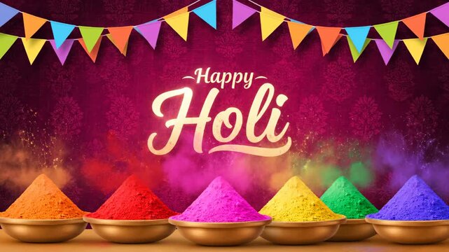 Happy Holi Festival Greeting Background with Colorful Powder and Bunting