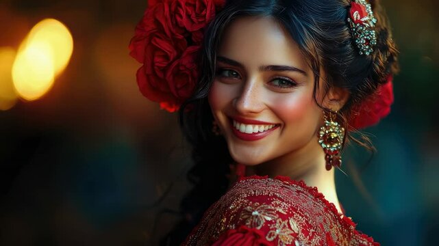 spanish woman in traditional red dress dancing flamenco on dark background, hispanic heritage, national dance, young beautiful latin american brunette girl, spain, culture, female portrait, dancer