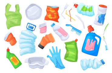 Plastic waste. Garbage pollution, disposable package tableware broken plastic bottles non recyclable trash bag plate straw crushed cup rubbish litter junk, neat vector illustration