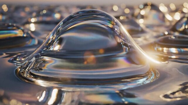 Iridescent glass waves animation, Close-up of glossy, undulating liquid-like glass surface with soft bokeh highlights