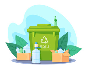 Recycling waste bin. Trash sorting, garbage management concept eco friendly green container separated plastic bottles dumpster clean nature environment neat vector illustration