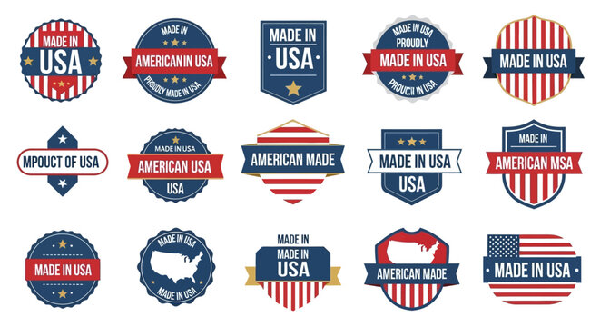 Collection of American made product labels and badges showcasing USA origin with various designs and patriotic themes