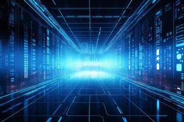 Fototapeta premium Digital data flowing through abstract server room creating a futuristic technology background