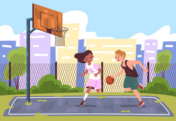 Kids summer basketball. Children play basketball game outdoor playground, school girl boy throw ball in basket or pitch street sport court urban field, classy vector illustration