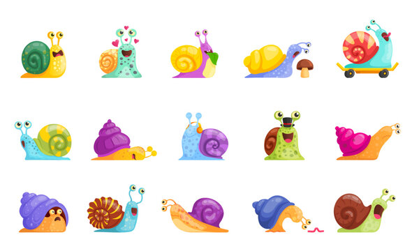 Cartoon snails. Cute slug funny characters, kawaii snail with leaf sleep snailfish mascot mollusk sticky slime animal spiral shell houses childish baby kicky vector illustration