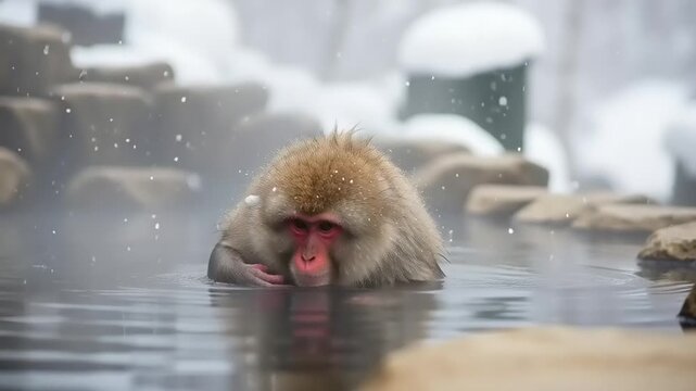 A Japanese macaque, also known as a snow monkey, relaxing in a hot spring during winter.