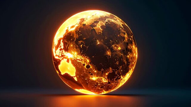 Abstract glowing moon with fiery orange light, polygon-like craters and luminous cracks, floating in dark space, resembling a celestial orb of molten energy and cosmic power