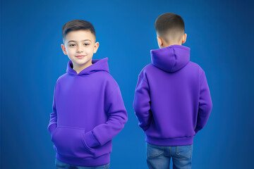 Front and back view of a young boy wearing a plain purple hoodie and jeans on a plain background, clothing mockup