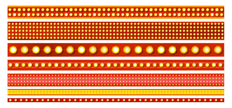 Marquee strips. Led strip, vintage neon border line yellow light bulb lamp on red ribbon retro signage frame for carnival festival or makeup mirror, set kicky vector illustration