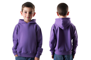 Front and back view of a young boy wearing a plain purple hoodie and jeans on a plain background, clothing mockup