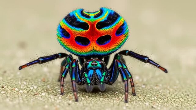Maratus volans, a peacock spider, displays its vibrant iridescent colors and intricate patterns during a courtship dance.
