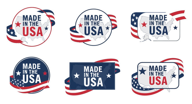 Collection of Made in USA labels and badges with patriotic themes and red, white, and blue color schemes displayed together