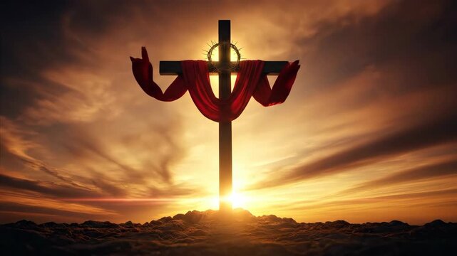 Wooden cross with red cloth and crown of thorns at sunset. Christian symbolism for Easter and Good Friday concept.