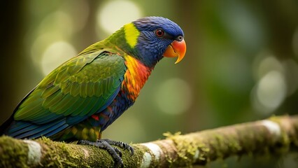 Naklejka premium Rainbow Lorikeet Perched on Mossy Branch.