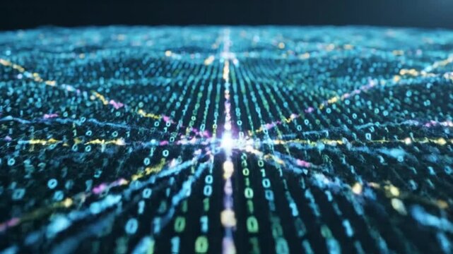 Abstract digital data wave with glowing binary code numbers