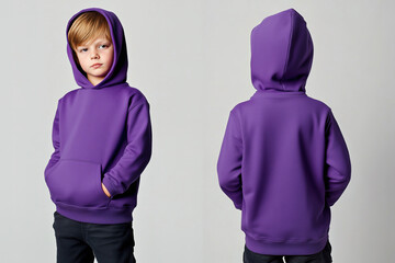 Front and back view of a young boy wearing a plain purple hoodie and jeans on a plain background, clothing mockup