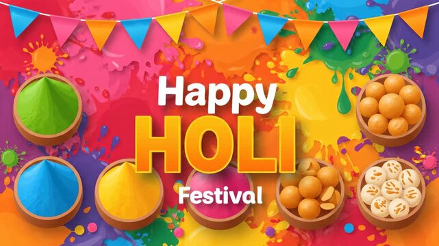 Happy Holi Festival Background Animation with Colors and Sweets