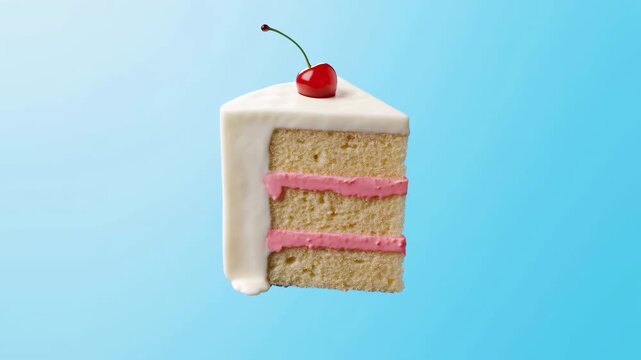 Decorative Vanilla Sponge Cake Featuring Pink Frosting And Cherry Accents Against Soft Blue Backdrop