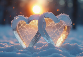 Abstract romantic Valentine's Day background with two frosty ice hearts interlocked in snow during a golden sunset.