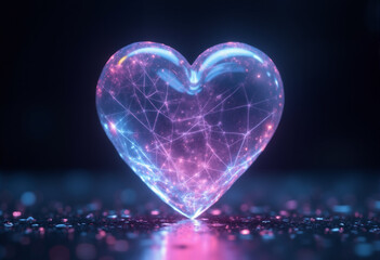 Neon glowing heart with digital grid lines for Valentine's Day. Abstract romantic high tech background.