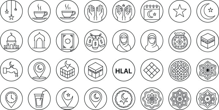 Islamic Ramadan and Halal Circular Icons Set with Mosque Prayer Crescent Moon Charity and Religious Symbols Line Vector