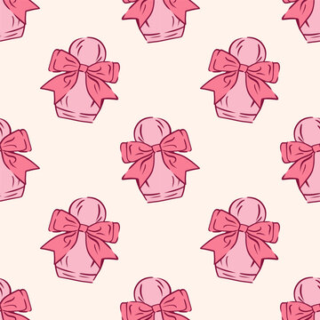 Girly seamless pattern with perfume bottle with decorative pink bow on beige background. Coquette backdrop. For fabric, wrapping paper and feminine themed designs.