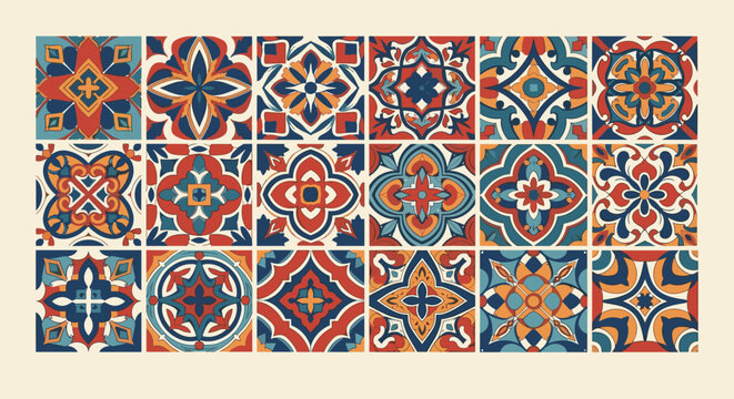 Vibrant geometric pattern tiles in traditional mediterranean style
