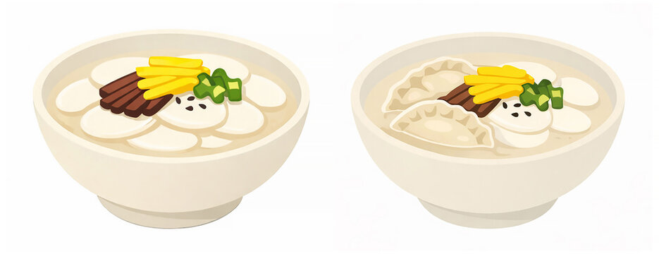 Korean Tteokguk and Tteok Mandu Guk Soup Set Illustration