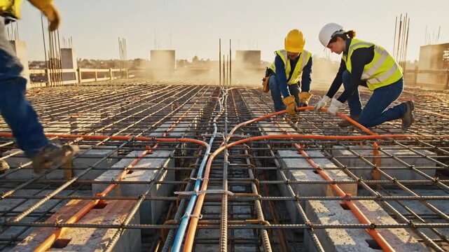 Cinematic slow motion capture of reinforced concrete floor slab construction featuring structural joists and building blocks for professional residential foundation masonry work