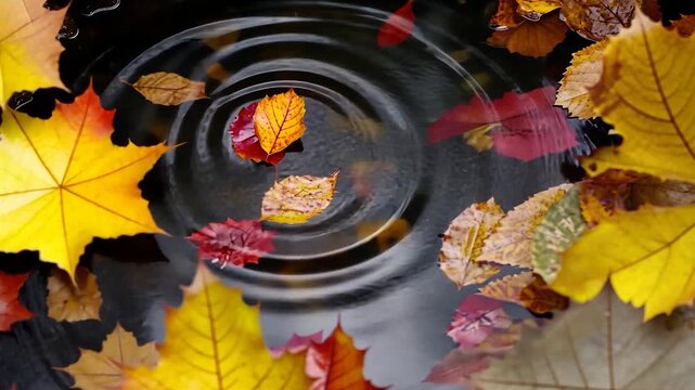 Autumn leaves swirling in dark water