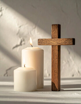 Wooden cross and white candles, serene Christian religious scene, quiet and contemplative atmosphere.