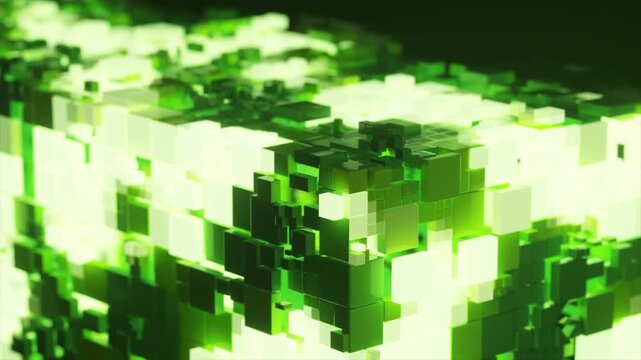Green illuminated block structure with pixelated surface transitions, showcasing a gradual change in light and texture across three connected frames in a dark environment