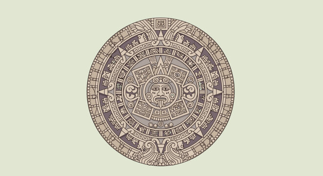 Intricate aztec calendar with detailed geometric patterns on light background