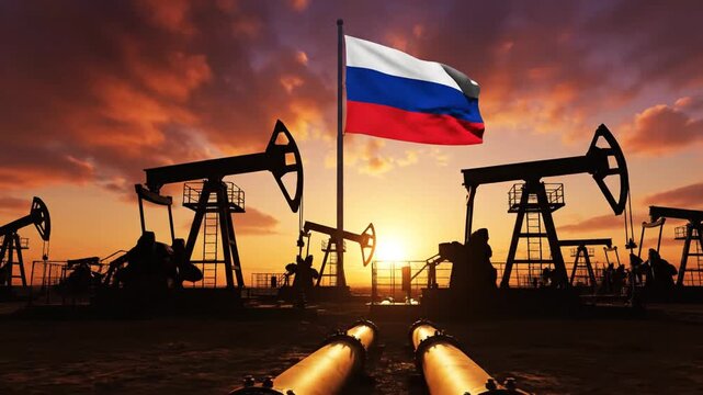 Cinematic slow motion footage illustrating international sanctions and economic embargo on Russian crude oil production and natural gas export pipelines with industrial refinery equipment.