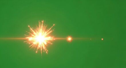 Obraz premium A vibrant explosion of light and energy emanating from a central point, surrounded by sparks, in a dark green environment, viewed from a straight-on perspective.