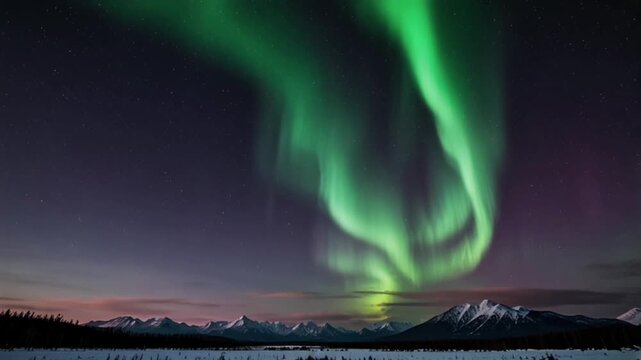 The stunning Aurora Borealis, with neon green curtains of light dancing vertically across the dark night sky.