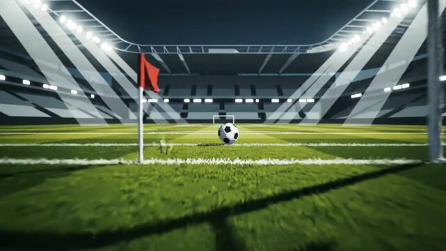 Cinematic digital vector illustration of a lush green grass football soccer field stadium pitch landscape with professional sports arena perspective and detailed surface texture under bright light