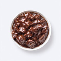 Fototapeta premium Delicious Close-Up of Rich and Savory Brown Beef Stew in a White Bowl on Plain Background