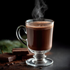 Fototapeta premium Hot chocolate mulled wine in clear glass with steam, dark background, cozy winter drink, chocolate pieces, inviting aroma