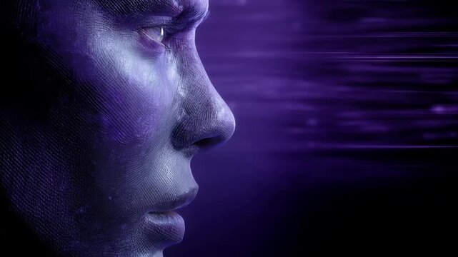 A close up of a human face capturing the shift from a lively emotional expression to a blank stare with vibrant