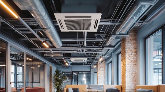 Chic Office Interior with Modern Furniture, Cassette Air Conditioner, and Unique Ceiling Design
